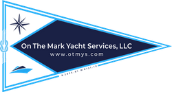 triange shape flag, outlined in light blue with two nautical shapes and business name, email address inside triangle.